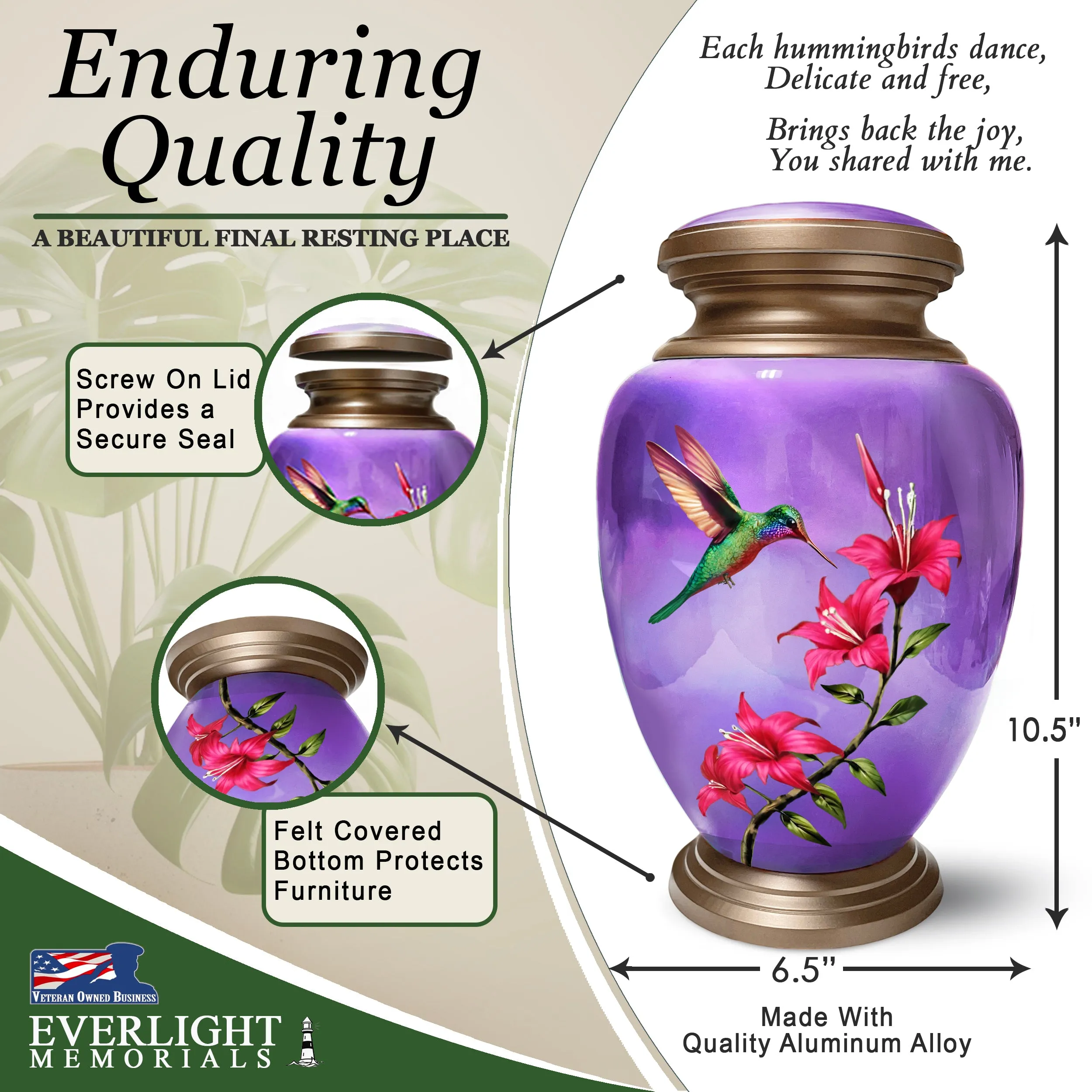Hummingbird Purple Adult Cremation Urn for Human Ashes, Large w/ Velvet Bag