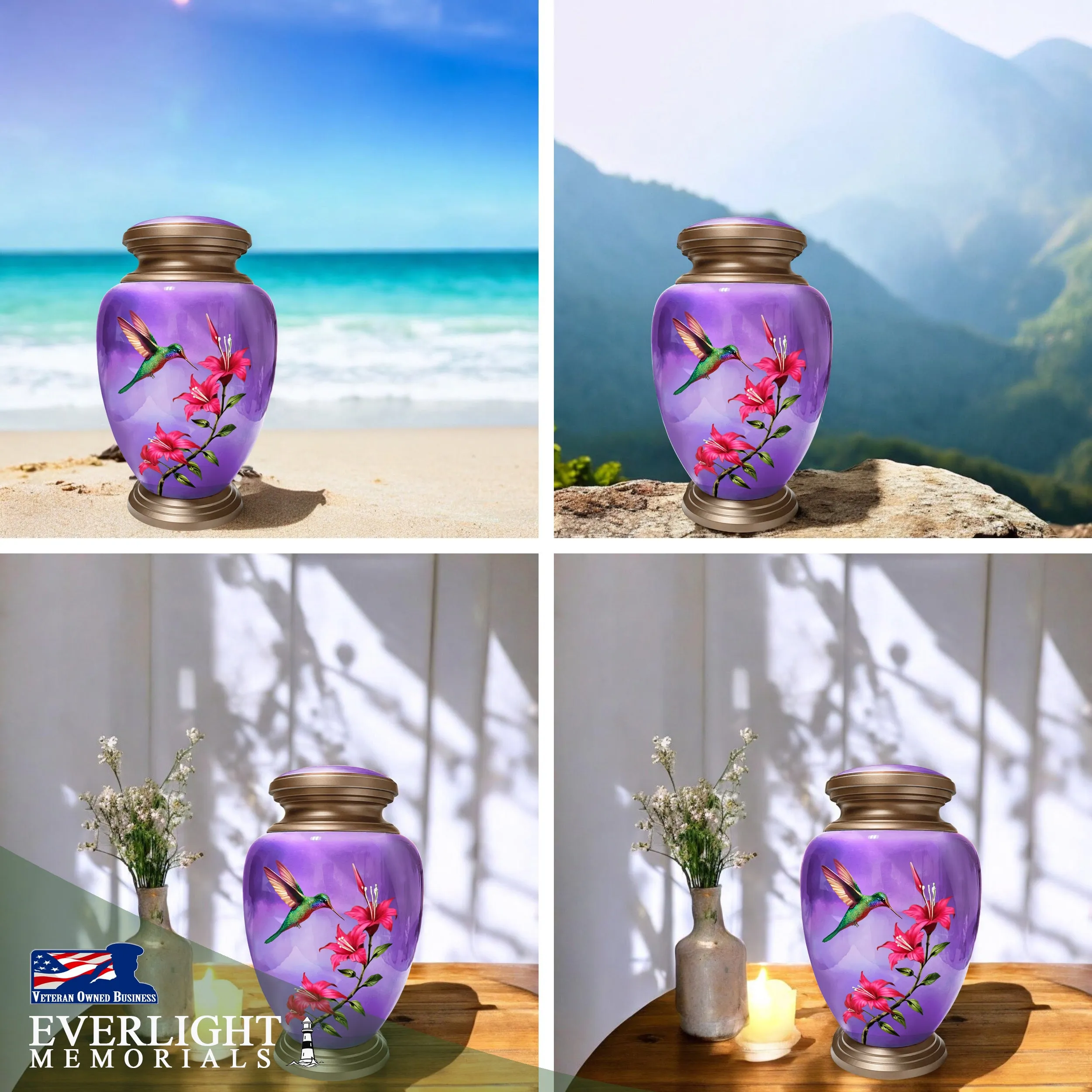 Hummingbird Purple Adult Cremation Urn for Human Ashes, Large w/ Velvet Bag