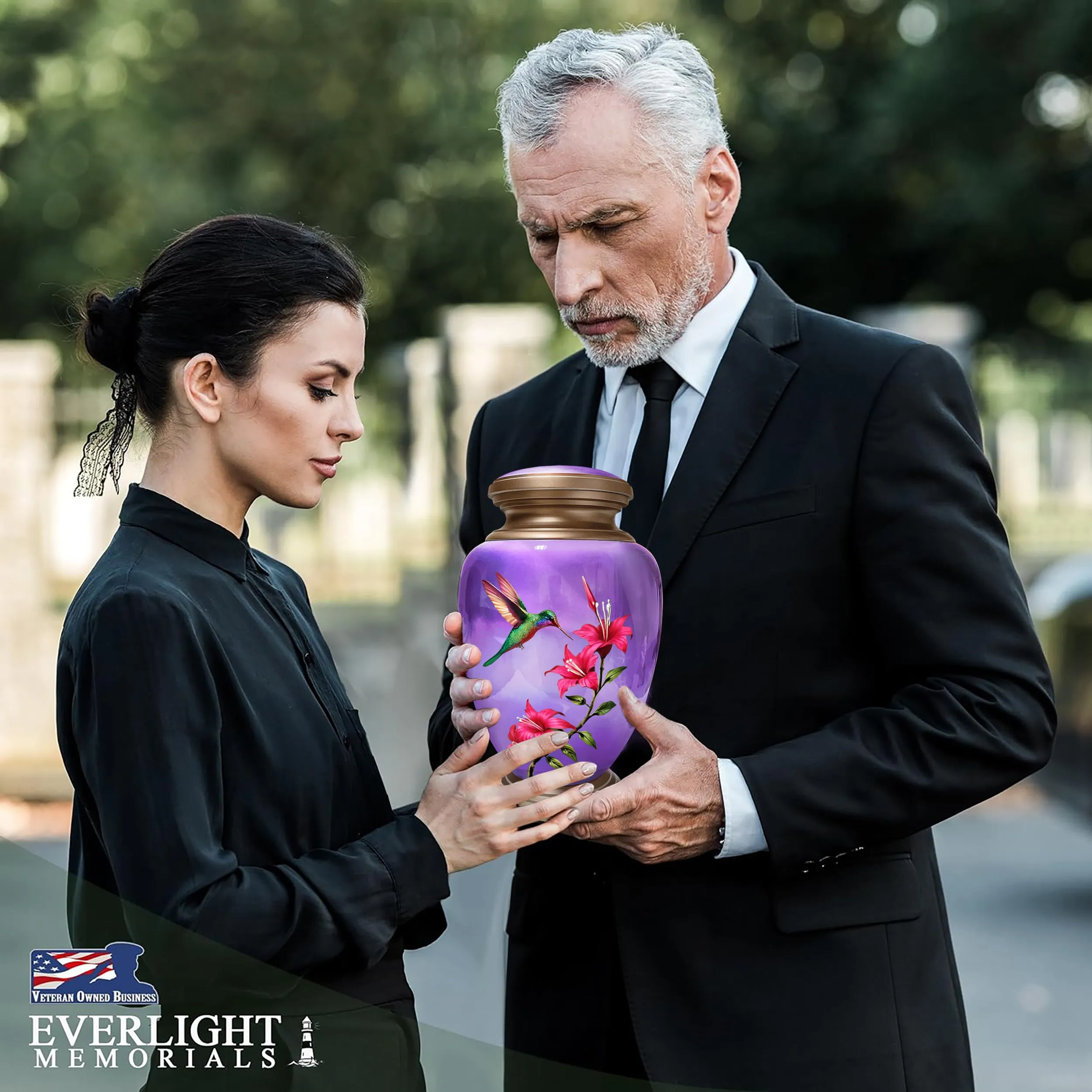 Hummingbird Purple Adult Cremation Urn for Human Ashes, Large w/ Velvet Bag
