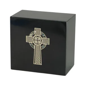 Keystone Black Marble Cremation Urn With Celtic Cross   Opulent Blue Inlay