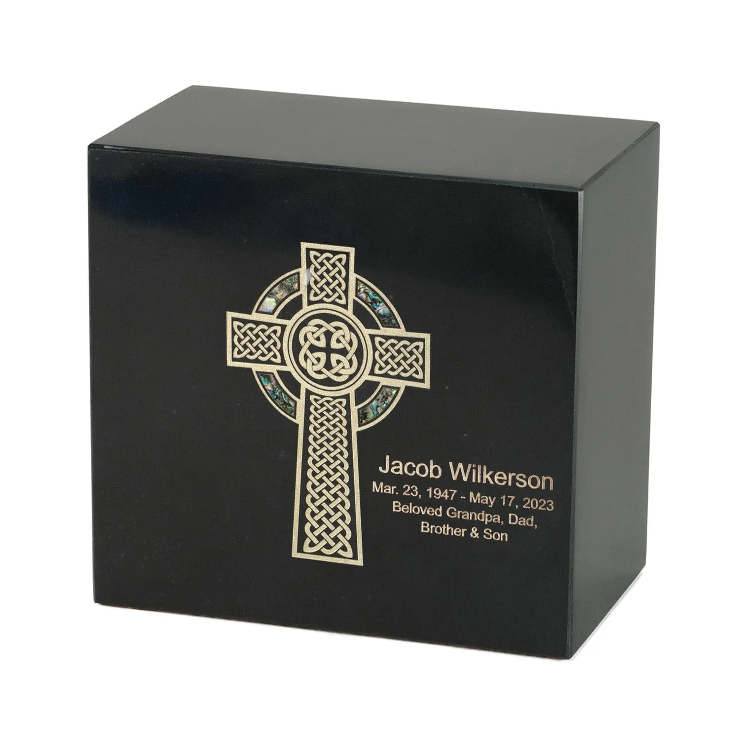 Keystone Black Marble Cremation Urn With Celtic Cross   Opulent Blue Inlay