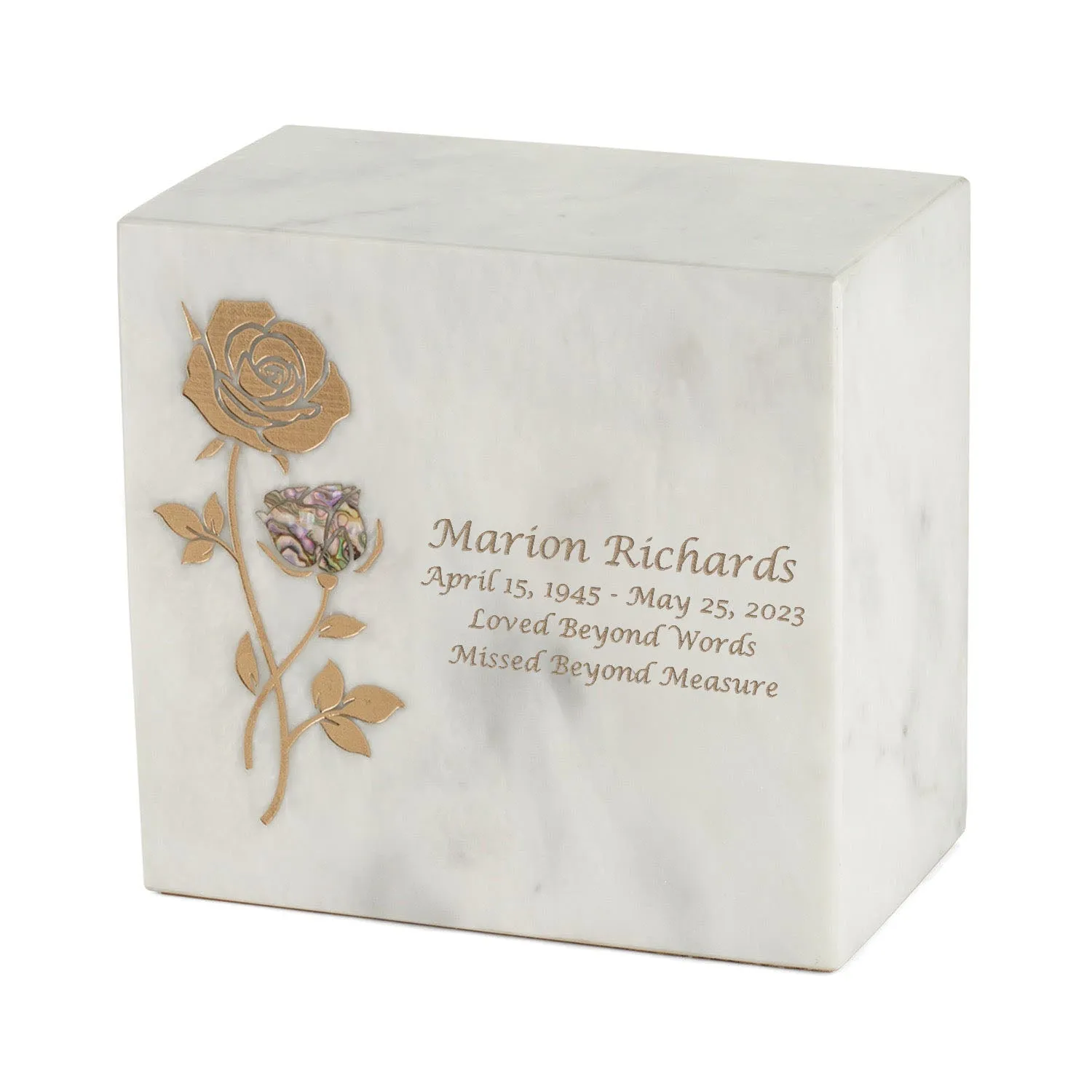 Keystone White Marble Cremation Urn With Roses   Precious Pink Inlay