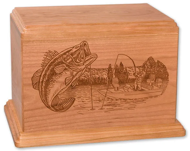 Laser Carved Wood Cremation Urn - Boat Fishing (Made in USA)