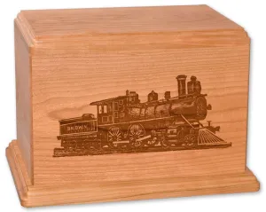 Laser Carved Wood Cremation Urn - Train (Made in USA)