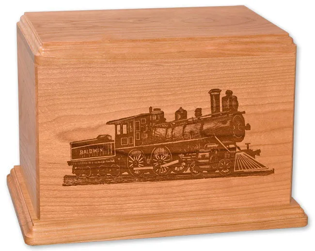 Laser Carved Wood Cremation Urn - Train (Made in USA)