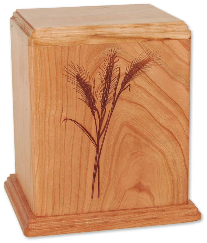 Laser Carved Wood Cremation Urn - Wheat (Made in USA)