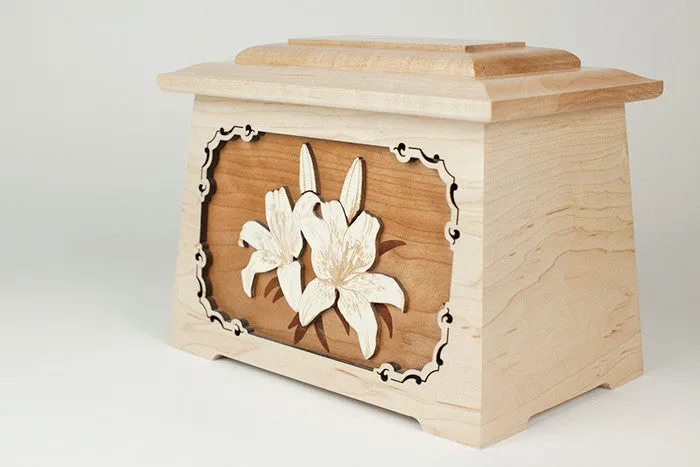 Lilies Astoria Cremation Urn with Wood Inlay Art