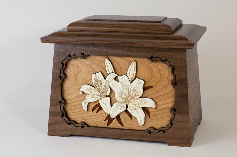Lilies Astoria Cremation Urn with Wood Inlay Art