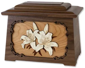 Lilies Astoria Cremation Urn with Wood Inlay Art