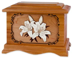 Lilies Cremation Urn with Floral Wood Inlay Art