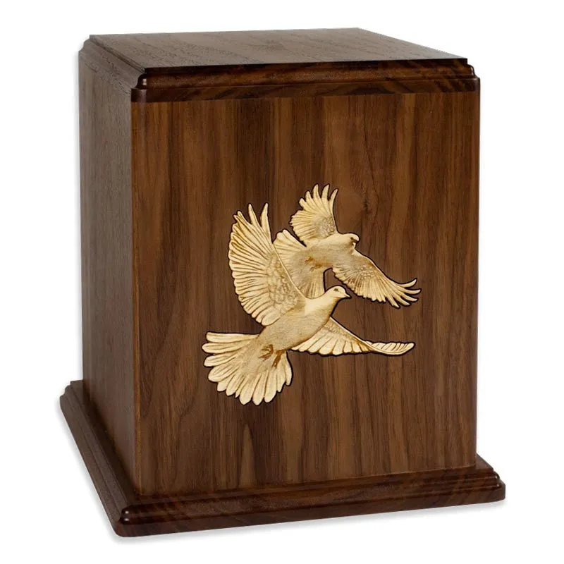 Lovebirds Inlay Companion Urn in Walnut Wood
