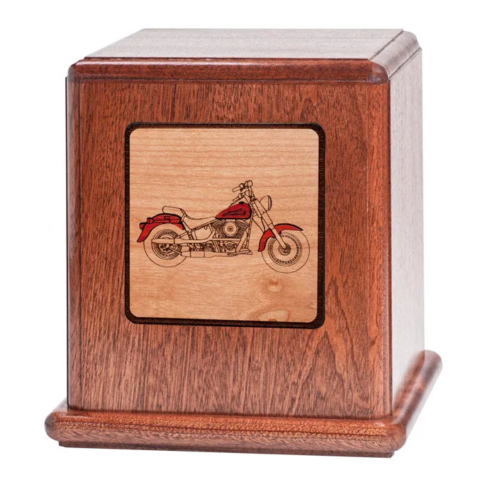 Mahogany Urn with Mosaic Motorcycle Artwork