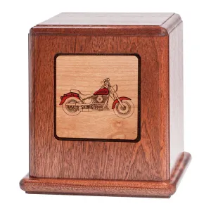 Mahogany Urn with Mosaic Motorcycle Artwork