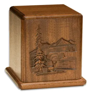 Mahogany Wood Cremation Urn with Deer Scene Made in the USA