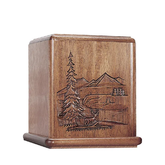 Mahogany Wood Cremation Urn with Deer Scene Made in the USA