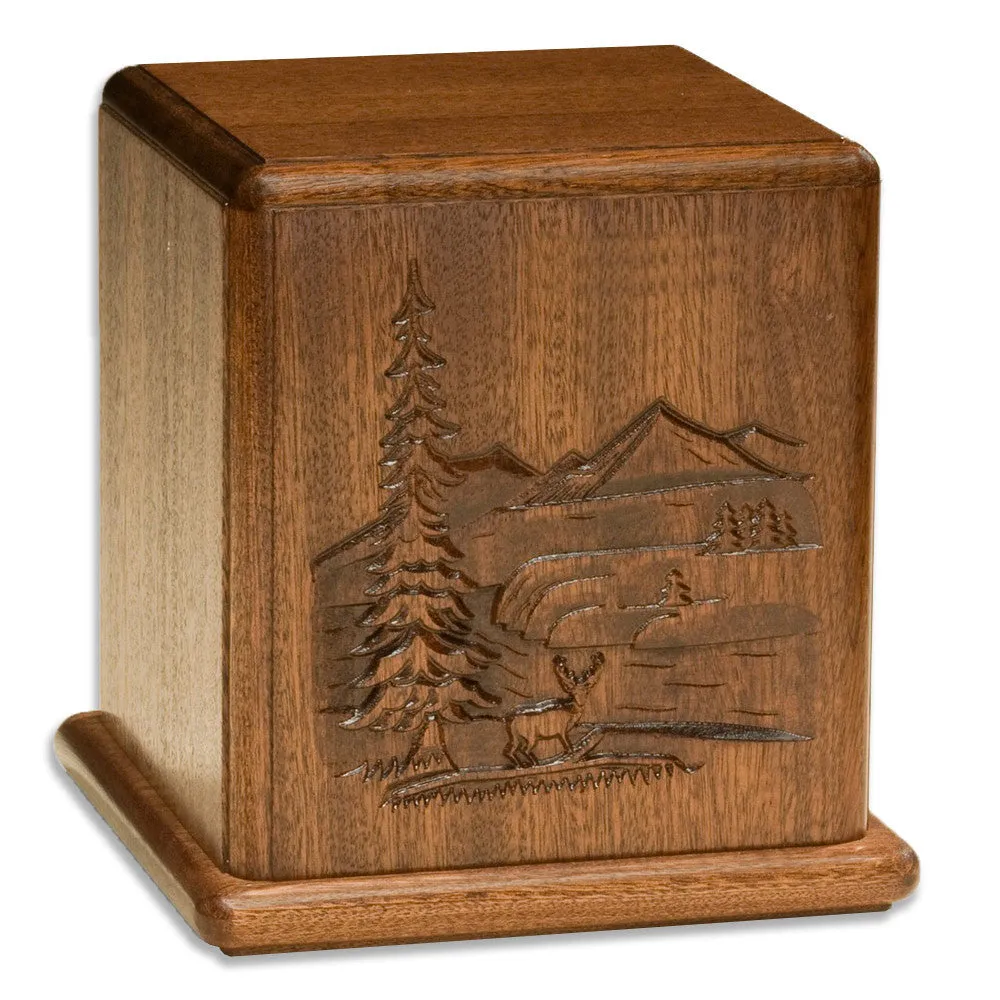 Mahogany Wood Cremation Urn with Deer Scene Made in the USA
