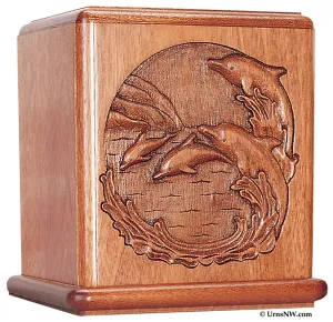 Mahogany Wood Cremation Urn with Dolphin Scene Made in the USA