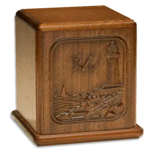 Mahogany Wood Cremation Urn with Lighthouse Scene Made in the USA