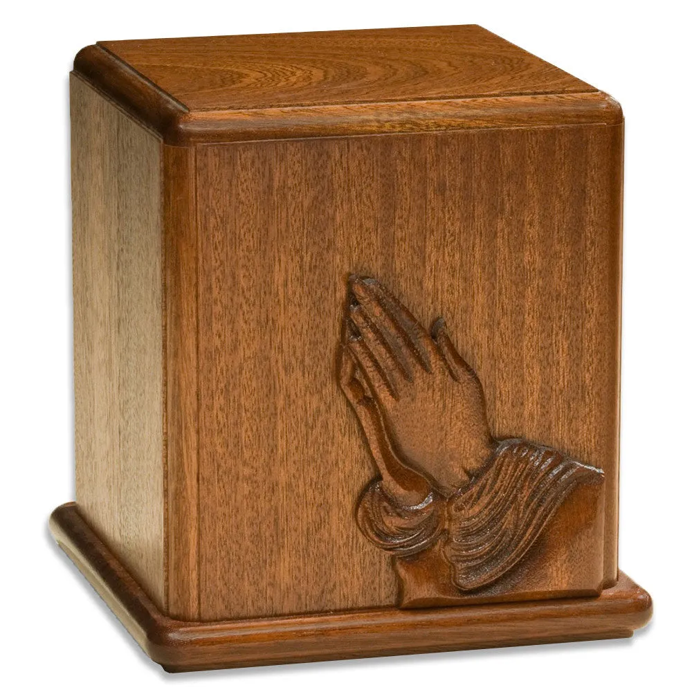 Mahogany Wood Cremation Urn with Praying Hands Made in the USA