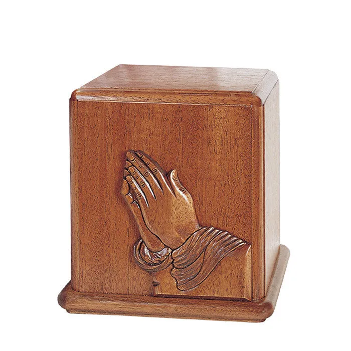 Mahogany Wood Cremation Urn with Praying Hands Made in the USA