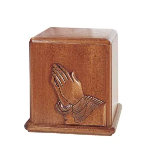 Mahogany Wood Cremation Urn with Praying Hands Made in the USA