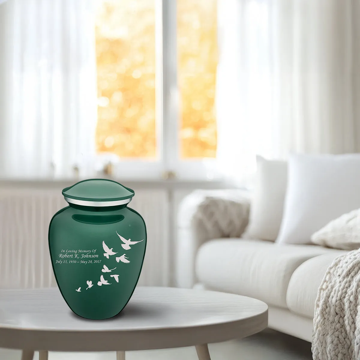 Medium Embrace Green Doves Cremation Urn