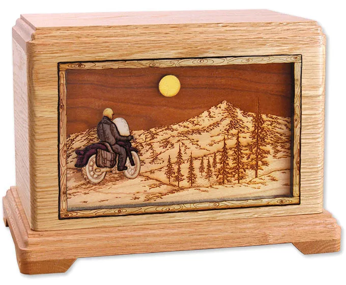 Motorcycle Riding Home Cremation Urn with Wood Inlay Art