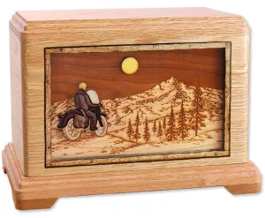 Motorcycle Riding Home Cremation Urn with Wood Inlay Art