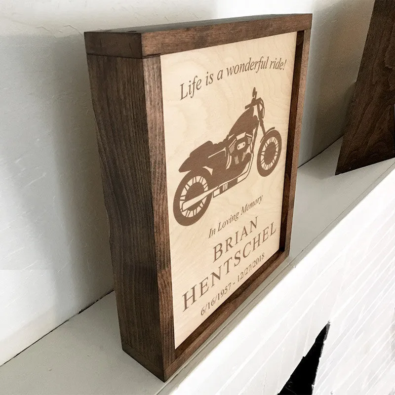 Motorcycle Wall Mounted Wood Cremation Urn Plaque