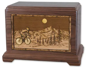 Mountain Bicycle Cremation Urn with Wood Inlay Art
