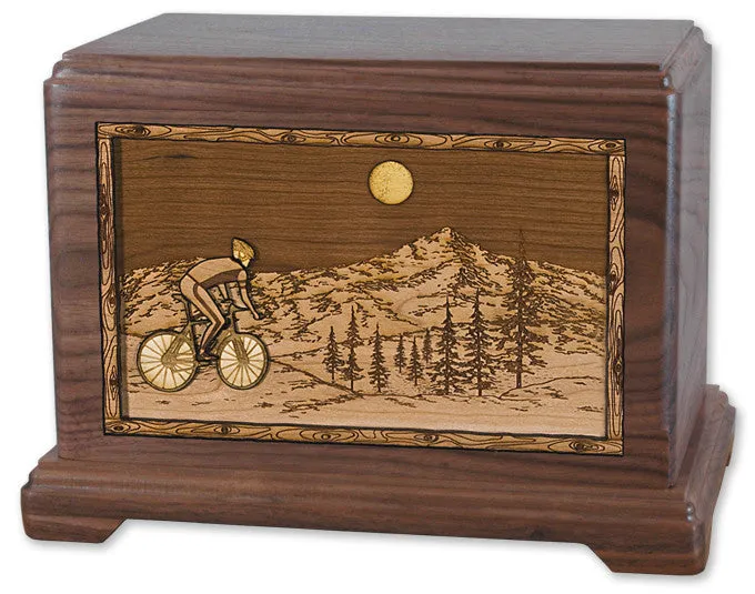 Mountain Bicycle Cremation Urn with Wood Inlay Art