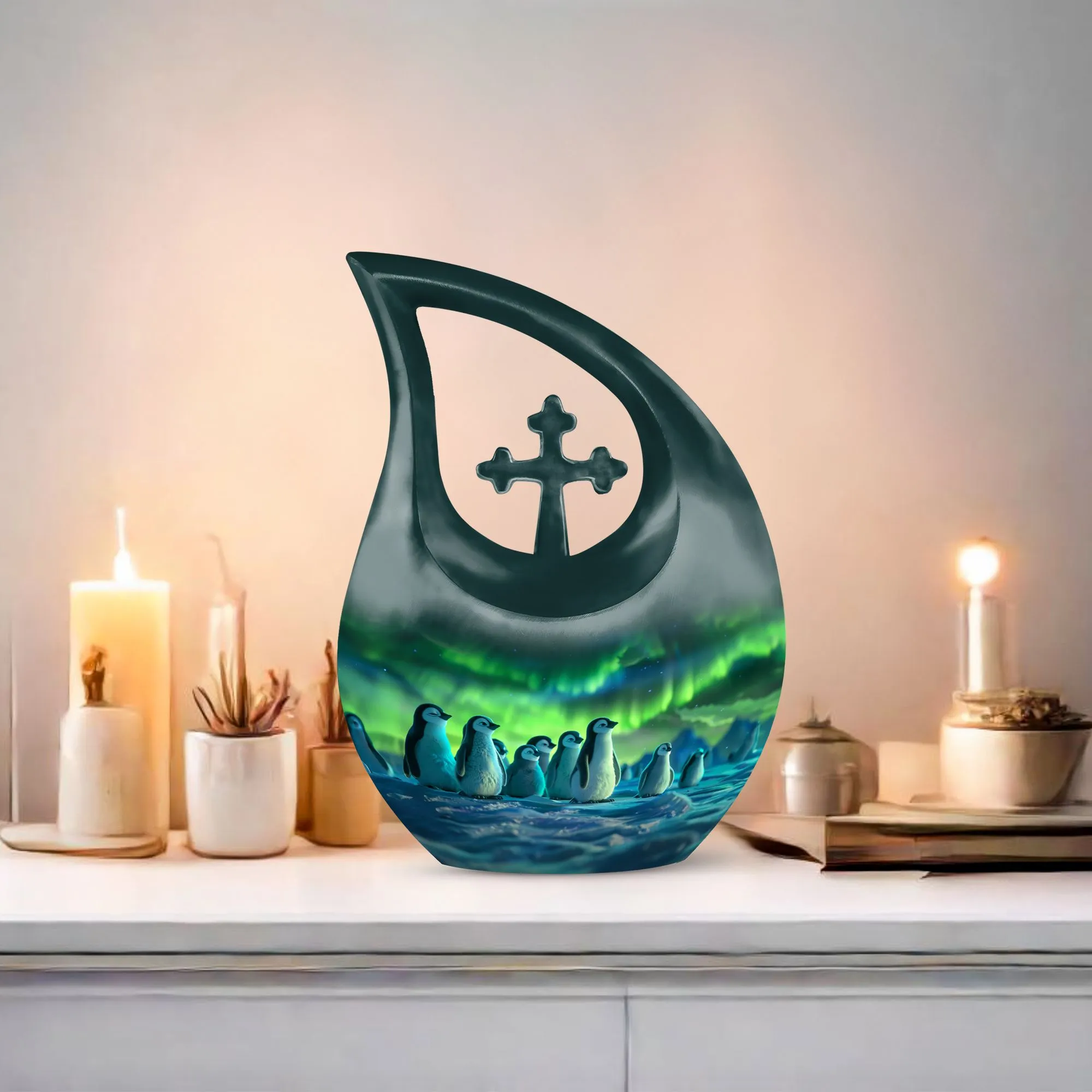 Penguin Cross Drop: A Beautiful Memorial Cremation Urn 10 Inch