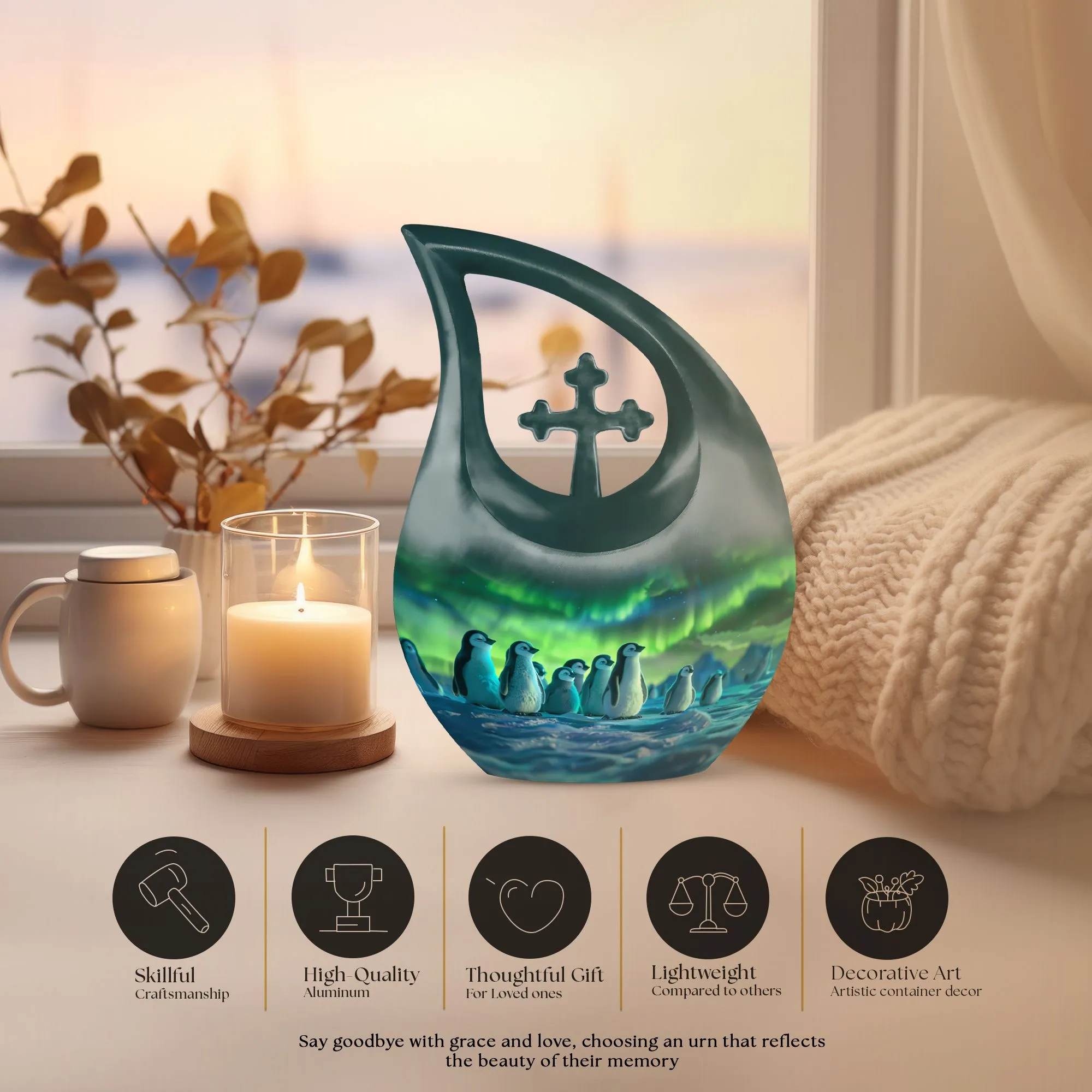 Penguin Cross Drop: A Beautiful Memorial Cremation Urn 10 Inch