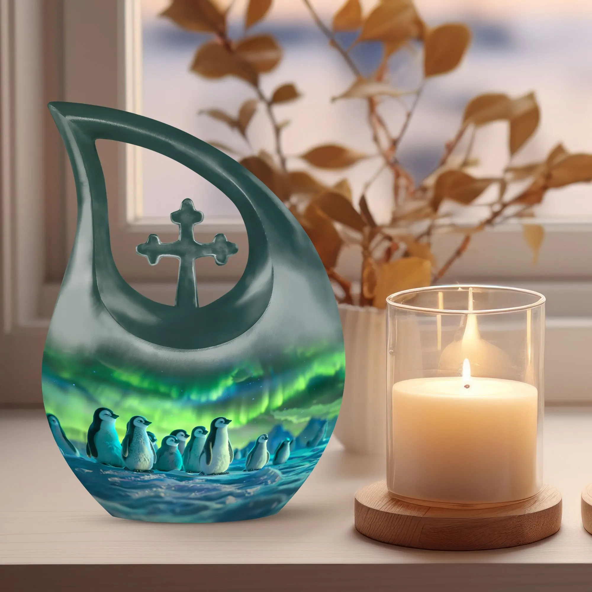 Penguin Cross Drop: A Beautiful Memorial Cremation Urn 10 Inch