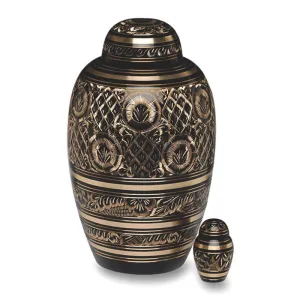 Prestige Brass Cremation Urn with Black & Gold Hand Carved Art Design