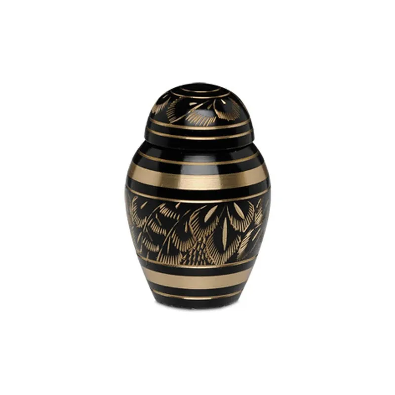 Prestige Brass Cremation Urn with Black & Gold Hand Carved Art Design
