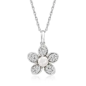 Ross-Simons 4-4.5mm Cultured Pearl and . Diamond Flower Pendant Necklace in Sterling Silver