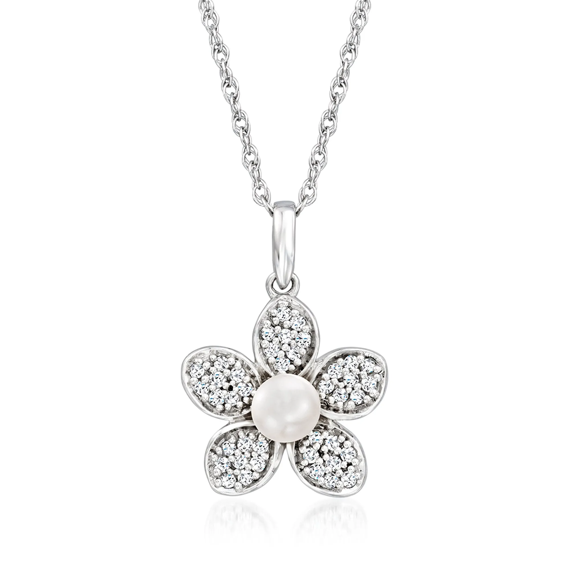 Ross-Simons 4-4.5mm Cultured Pearl and . Diamond Flower Pendant Necklace in Sterling Silver