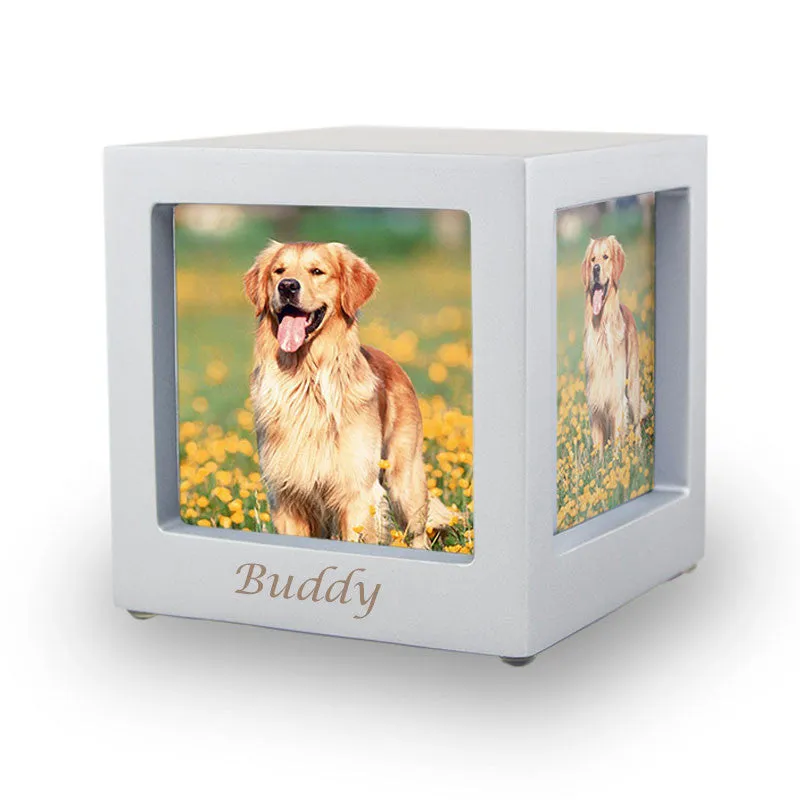 Silver Pet Photo Cube Urn in Small