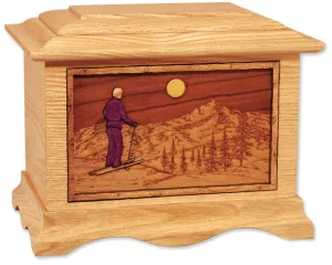 Skiing Home Cremation Urn with Wood Ski Inlay Art Scene