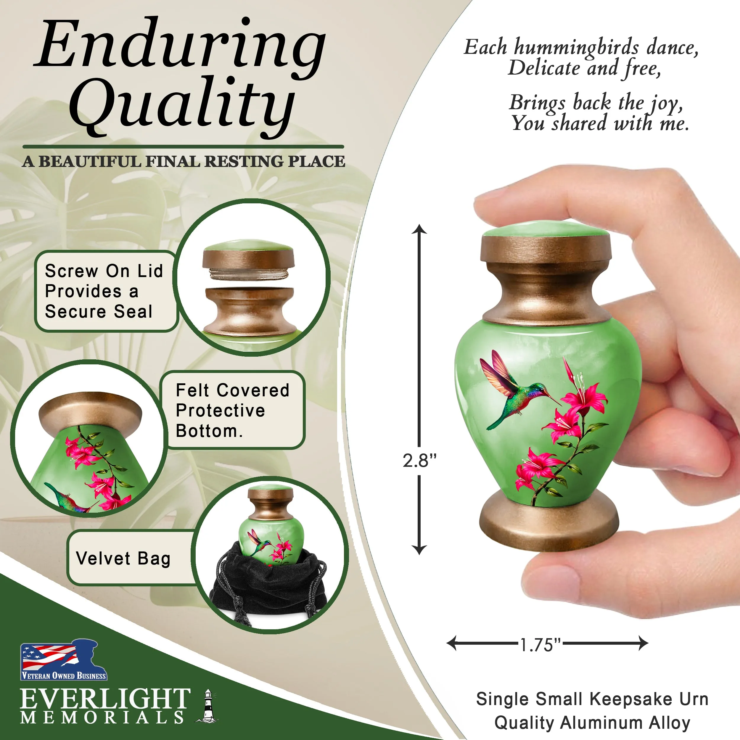 Small Keepsake Urn for Human Ashes - Green Hummingbird