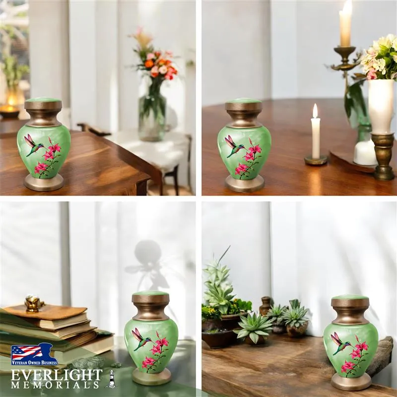 Small Keepsake Urn for Human Ashes - Green Hummingbird