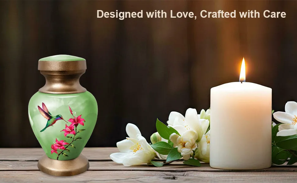 Small Keepsake Urn for Human Ashes - Green Hummingbird