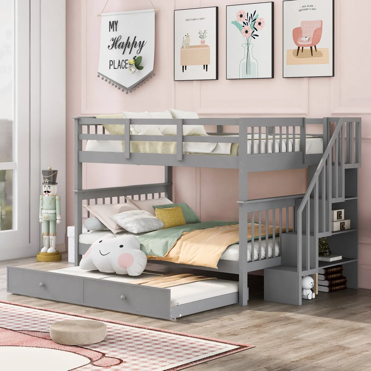 Streamdale Stairway Full-Over-Full Bunk Bed with Trundle & Storage