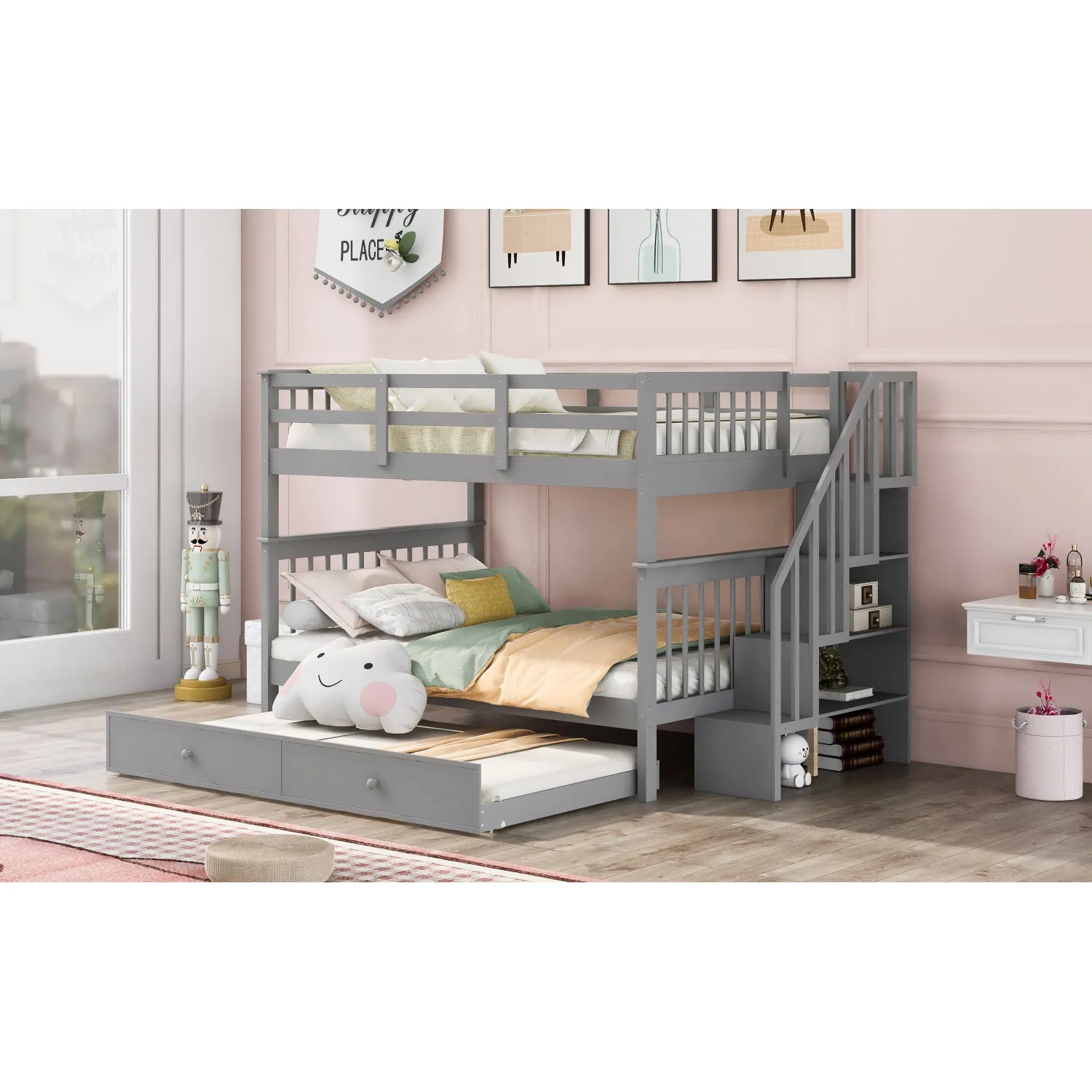 Streamdale Stairway Full-Over-Full Bunk Bed with Trundle & Storage