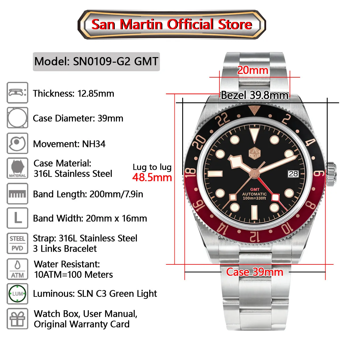 ★WeeklyDeal★San Martin NH34 BB58 GMT Watch SN0109 V2