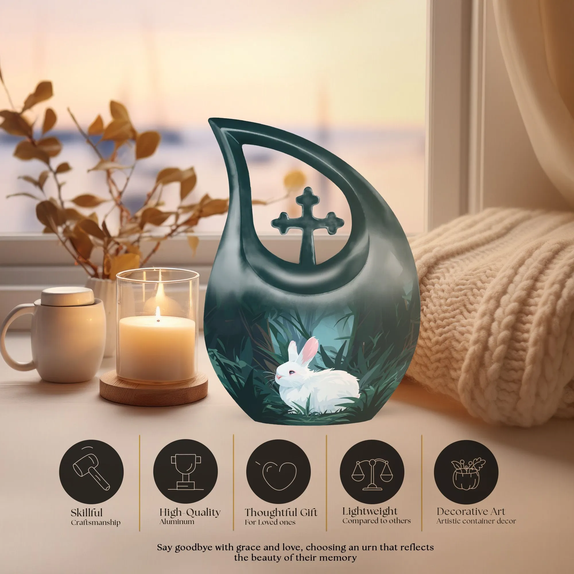 White Bunny Moon Memorial Urn with Custom Mom Engraving