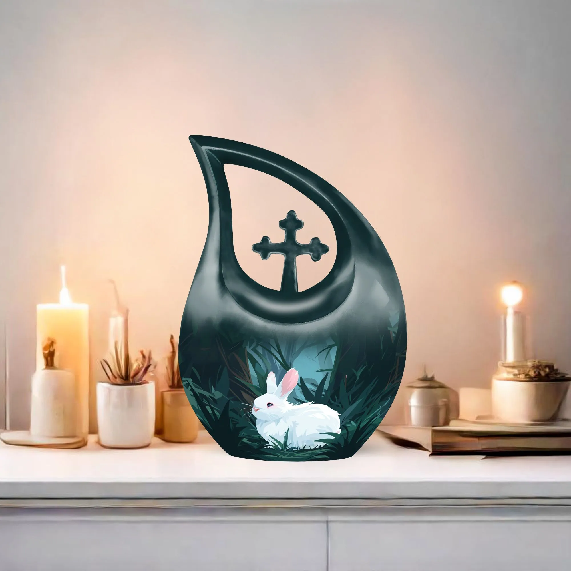 White Bunny Moon Memorial Urn with Custom Mom Engraving