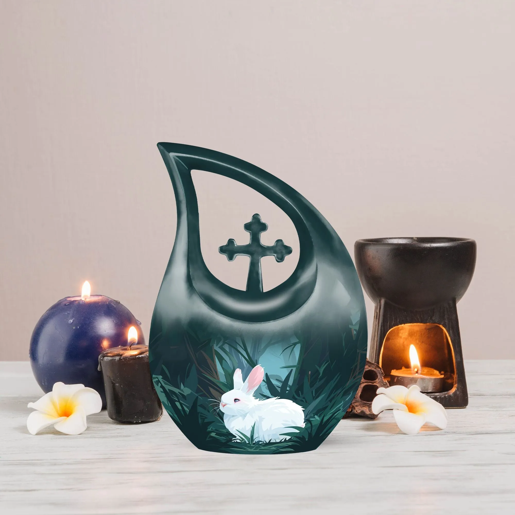 White Bunny Moon Memorial Urn with Custom Mom Engraving