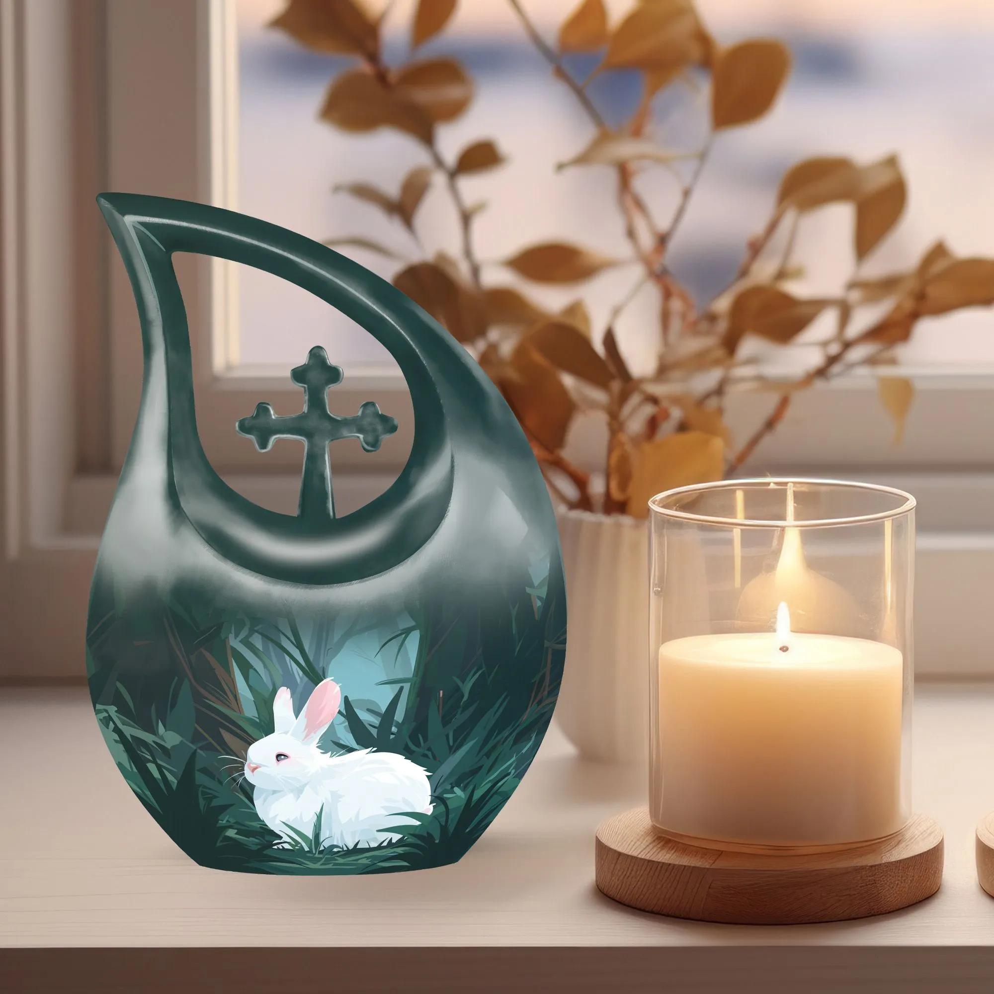 White Bunny Moon Memorial Urn with Custom Mom Engraving